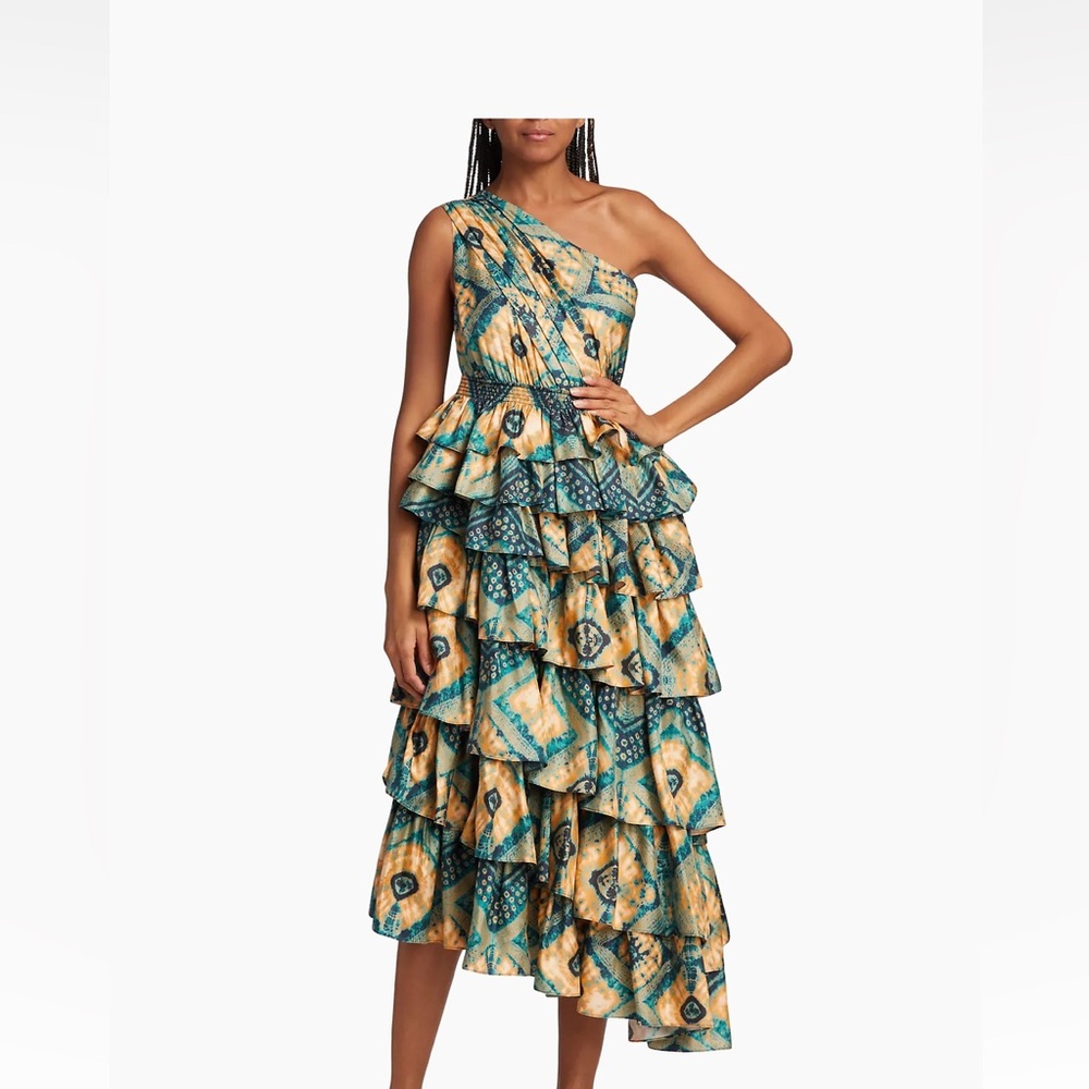 SOLD Ulla Johnson Auryn One-Shoulder Tiered Silk Gown-Midi in Constellation
